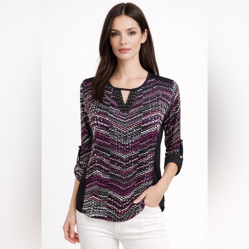 Kim Rogers Women’s Top Multicolor Size Petite Small 3/4 Roll Tab Sleeve
